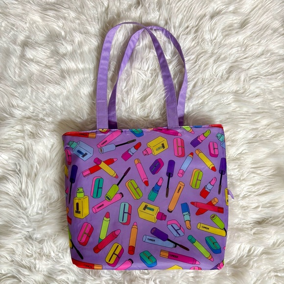 CLINIQUE Women Makeup Lipstick Logo Lined Purple Shopping Travel Tote Bag - Picture 4 of 10